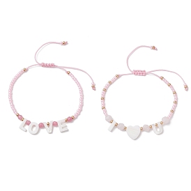 2Pcs Valentine's Day Dyed Natural White Jade Bead & Rose Quartz & TOHO Round Seed Beads Braided Bead Bracelets for Women, Word Love & I Love U