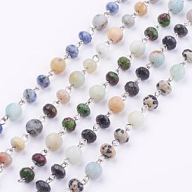 Faceted Natural Gemstone Handmade Beaded Chains, Unwelded, with Frosted Amazonite and Iron Eye Pin, Platinum
