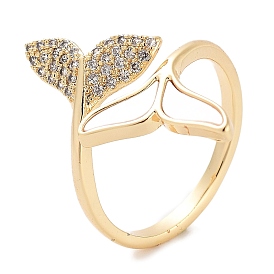 Leaf Rack Plating Brass Micro Pave Cubic Zirconia Open Cuff Rings for Women, with Shell, Long-Lasting Plated, Lead Free & Cadmium Free