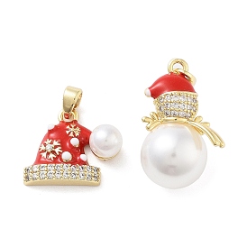 Christmas Theme Brass Micro Pave Cubic Zirconia Pendants, with Enamel and ABS Imitation Pearls, Real 18K Gold Plated