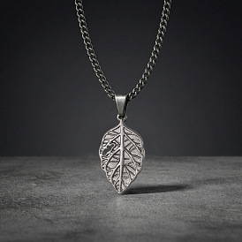 Vintage 304 Stainless Steel Embossed Leaf Pendant Necklaces for Men