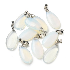 Opalite Pendants, Teardrop Charms with Platinum Tone Brass Snap on Bails