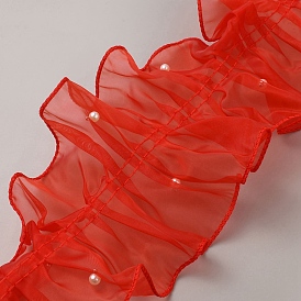 5 yards de ruban de dentelle plissée en organza avec imitation de perles, ruban froncé pour nœud papillon, fleur, décoration cadeau