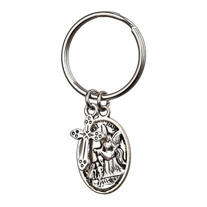 Llavero de aleación de estilo tibetano, con 316 anillo quirúrgico de acero inoxidable, para la religion, óvalo con palabras y san miguel