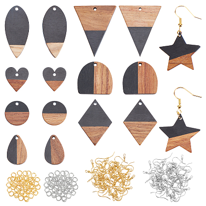 Earring Making Kits, Including Resin & Walnut Wood Pendants, Brass Earring Hooks, Brass Jump Rings, Mixed Shapes