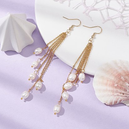 Natural Pearl Beads Dangle Earrings, 304 Stainless Steel Chains Tassel Earrings