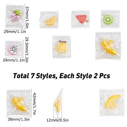 SUNNYCLUE 14Pcs 7 Style Resin Pendants, Imitation Food, with Clear Plastic Bags, Orange & Pitaya & Watermelon & Kiwi Fruit & Banana & Grape