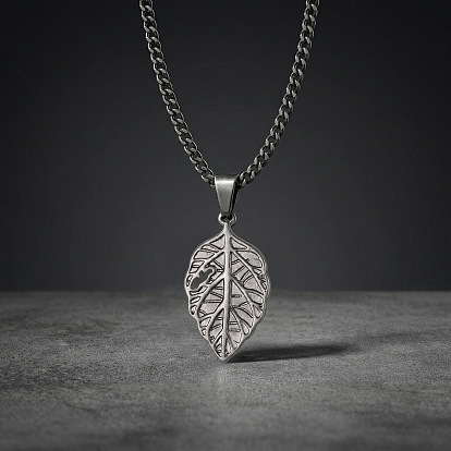 Vintage 304 Stainless Steel Embossed Leaf Pendant Necklaces for Men