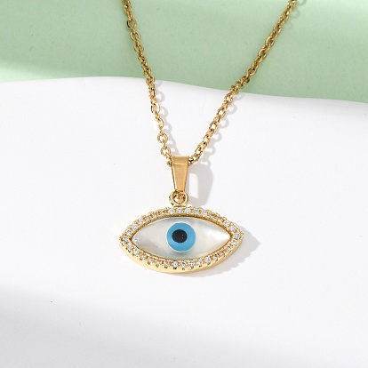 Кулон из латуни с конским глазом, микропаве из прозрачных кубических цирконий и смолы 304 Женские ожерелья из нержавеющей стали с цепочкой, ионное покрытие (ip)