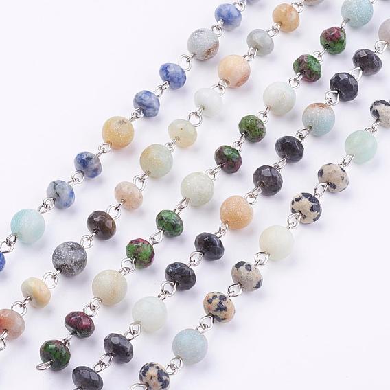 Faceted Natural Gemstone Handmade Beaded Chains, Unwelded, with Frosted Amazonite and Iron Eye Pin, Platinum
