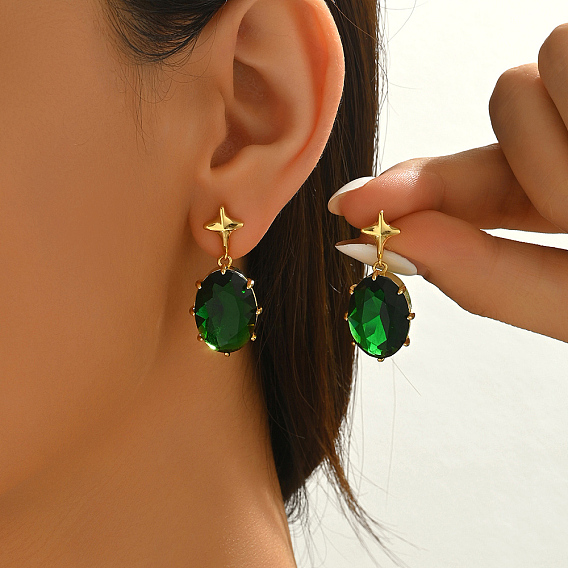 Серьги-гвоздики из латуни с кубическим цирконием овальной формы со звездой, золотые