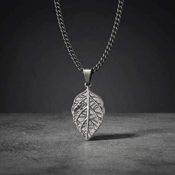 Vintage 304 Stainless Steel Embossed Leaf Pendant Necklaces for Men