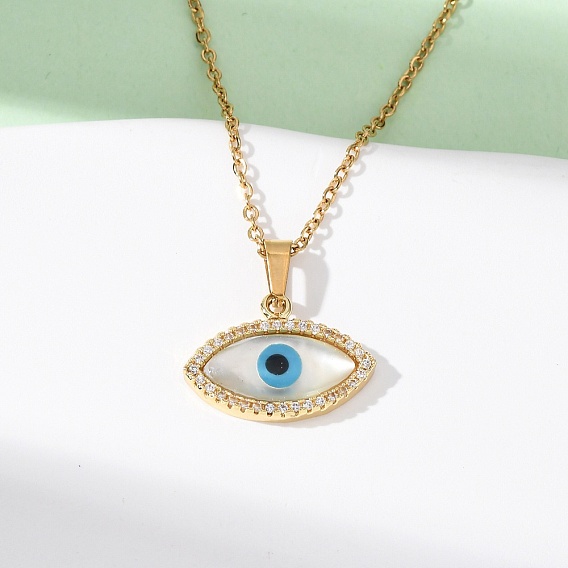 Кулон из латуни с конским глазом, микропаве из прозрачных кубических цирконий и смолы 304 Женские ожерелья из нержавеющей стали с цепочкой, ионное покрытие (ip)