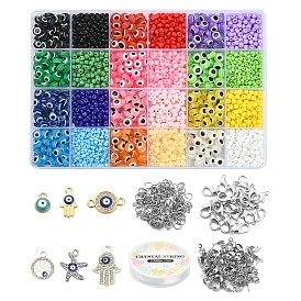 Kit de fabricación de pulseras de collar de mal de ojo diy, incluyendo semillas de vidrio y perlas de resina, Colgantes de aleación de mano y estrella de mar y árbol de hamsa