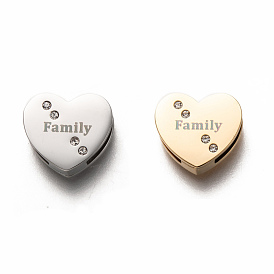 304 Stainless Steel Slide Charms, with Crystal Rhinestone, Heart with Word Family