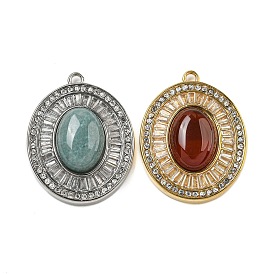 Natural Gemstone Oval Pendants, 304 Stainless Steel Crystal Rhinestone Charms