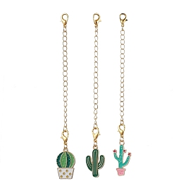 3Pcs 3 Styles Cactus Alloy Enamel Cup Charms, with Brass Curb Chains and Zinc Alloy Lobster Claw Clasps