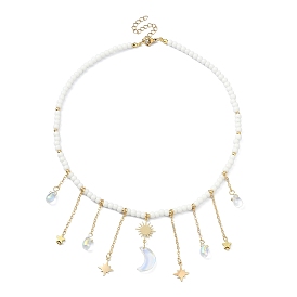 Brass  Moon & Star Charms Bib Necklace with Glass Beaded Chains