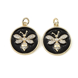 Brass Micro Pave Clear Cubic Zirconia Pendants, with Black Enamel, Flat Round with Bees Charms