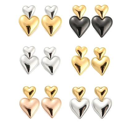 304 Stainless Steel Double Heart Dangle Stud Earrings for Women