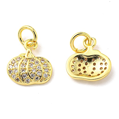 Rack Plating Brass Micro Pave Clear Cubic Zirconia Charms, with Jump Ring, Pumpkin Charm