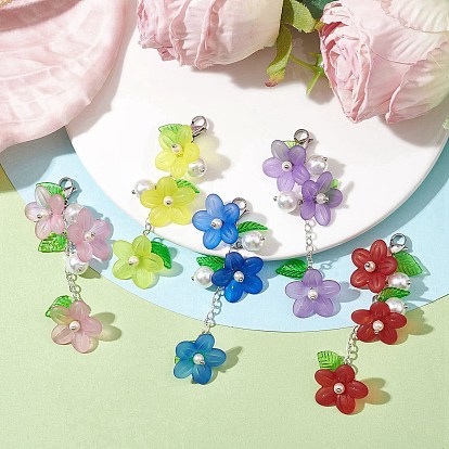Décorations de pendentifs de fleurs en acrylique transparent, avec perles de verre et fermoirs mousquetons en acier inoxydable