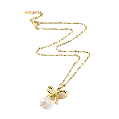 304 Stainless Steel with Freshwater Pearl Pendant Necklace, Bowknot