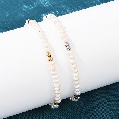Браслеты из круглых бусин из латуни и натурального жемчуга для женщин, без кадмия и без свинца, стойки покрытие, долговечный