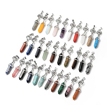 Gemstone Double Terminated Pointed Big Pendants, with Platinum Tone Brass Findings, Cadmium Free & Lead Free, Ring with Lotus & Bullet, Faceted