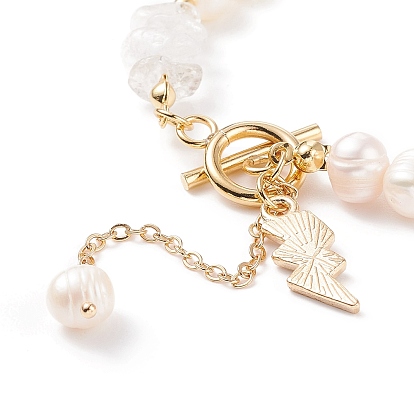 Natural Gemstone Chips & Pearl Beaded Bracelet with Enamel Lighting Bolt Charms, Gemstone Jewelry for Women, Golden