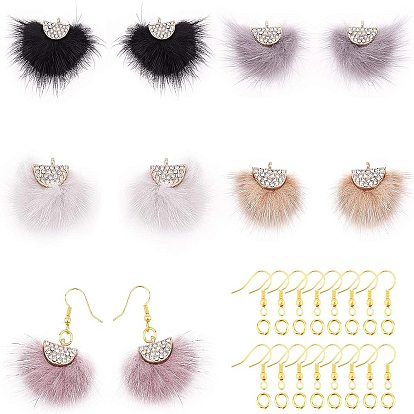 Faux Mink Fur Tassel Pendant Decorations, with Rhinestone and Alloy Findings, Fan, Golden