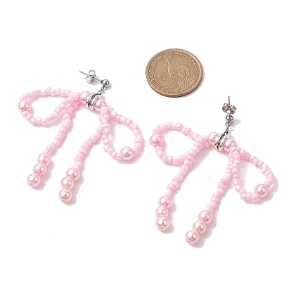 Boucles d'oreilles pendantes avec nœud papillon en graines de verre et imitation de perles, 304 boucles d'oreilles longues en acier inoxydable