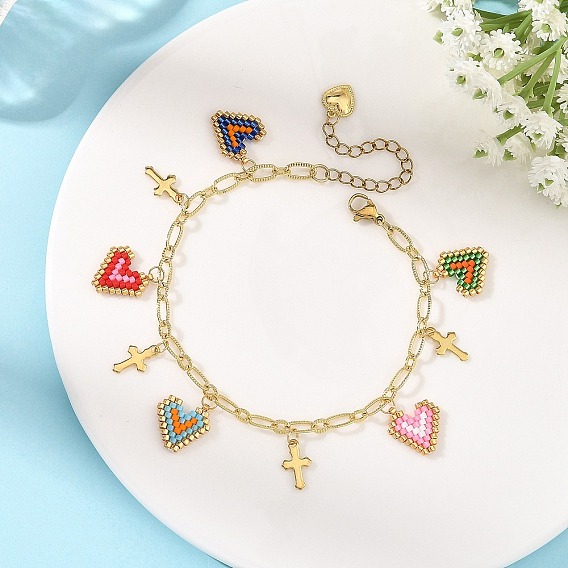 Brass Paperclip Chain Seed Bead Heart Charm Bracelets with 304 Stainless Steel Tiny Cross, Golden
