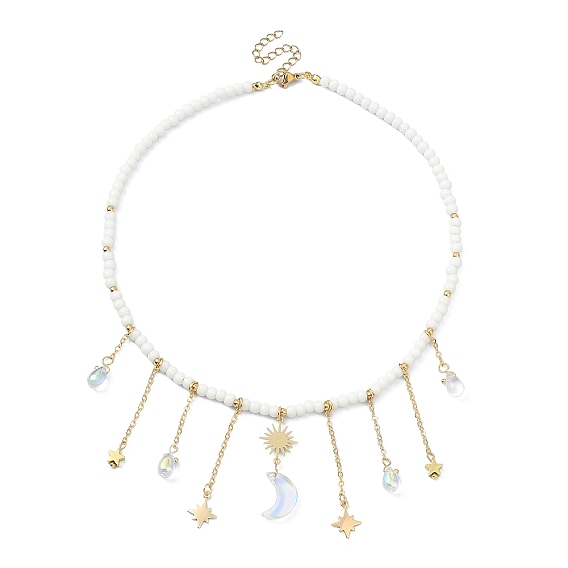 Collier plastron à breloques lune et étoile en laiton avec chaînes de perles de verre
