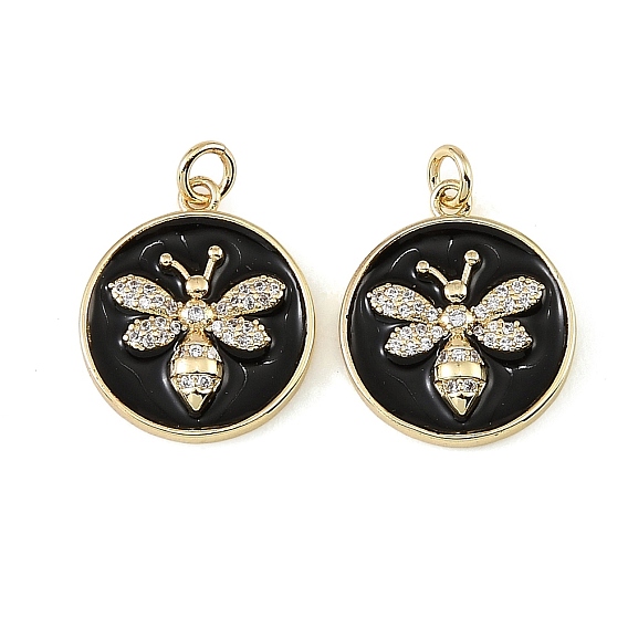 Brass Micro Pave Clear Cubic Zirconia Pendants, with Black Enamel, Flat Round with Bees Charms
