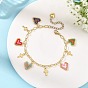Brass Paperclip Chain Seed Bead Heart Charm Bracelets with 304 Stainless Steel Tiny Cross, Golden