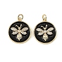 Brass Micro Pave Clear Cubic Zirconia Pendants, with Black Enamel, Flat Round with Bees Charms