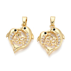 Латунные микро-паве прозрачные кубические цирконии европейские подвески-шармы, привязка поручительств, дельфин, за половину пробурено бисера