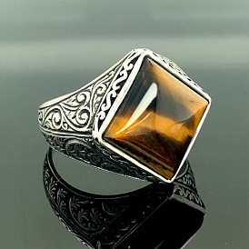 Rhombus Natural Tiger Eye Finger Rings, Alloy Wide Band Finger Rings for Men