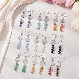 304 Крючки для сережек из нержавеющей стали с бусинами из драгоценных камней, провод уха, с пустым подвесным лотком, плоские круглые местом для кабошона