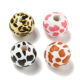 Printed Wood European Beads, Round with Leopard Print Pattern