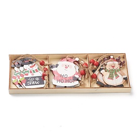 Christmas Theme Wood Big Pendant Decorations, with Hemp Rope & Bead, Santa Claus & Snowman & Reindeer Shapes
