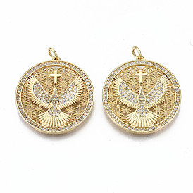 Brass Micro Pave Clear Cubic Zirconia Pendants, with Jump Rings, Nickel Free, Flat Round with Eagle & Cross