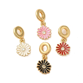 Rack Plating Brass Pave Clear Cubic Zirconia European Dangle Charms, Enamel Flower Large Hole Charms, Real 18K Gold Plated, Cadmium Free & Lead Free, Long-Lasting Plated