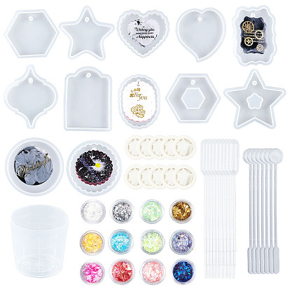 Кулон силиконовые формы, с 60 мл мерного стакана пластиковыми инструментами, стержень мешалки, одноразовые пластиковые пипетки для переноса, латексные кроватки и блестки для ногтей / пайетка
