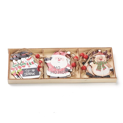 Christmas Theme Wood Big Pendant Decorations, with Hemp Rope & Bead, Santa Claus & Snowman & Reindeer Shapes