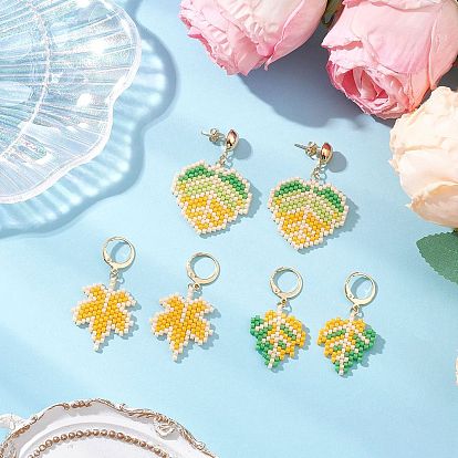 304 комплекты из серег-колец и серег-гвоздиков из стеклянных бусин из нержавеющей стали в форме листа, золотые