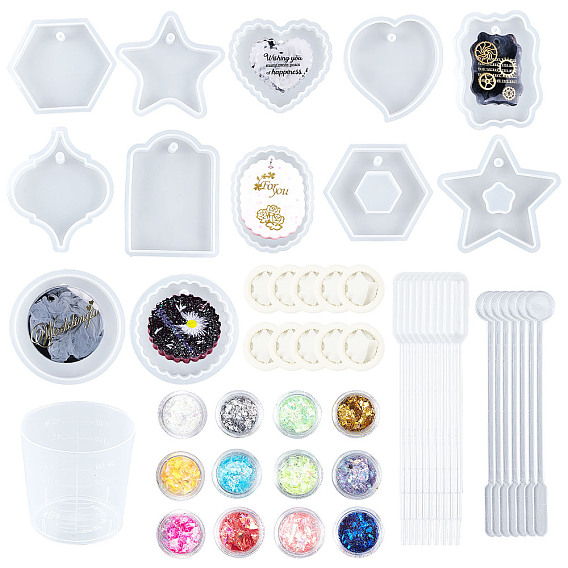 Кулон силиконовые формы, с 60 мл мерного стакана пластиковыми инструментами, стержень мешалки, одноразовые пластиковые пипетки для переноса, латексные кроватки и блестки для ногтей / пайетка