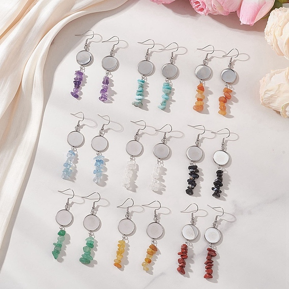 304 Крючки для сережек из нержавеющей стали с бусинами из драгоценных камней, провод уха, с пустым подвесным лотком, плоские круглые местом для кабошона