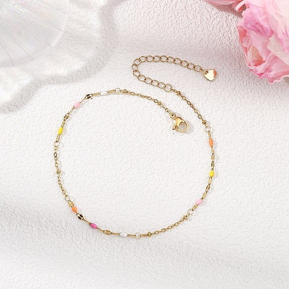 304 Stainless Steel Enamel Dapped Chain and Satellite Chain Anklets for Women, Colorful